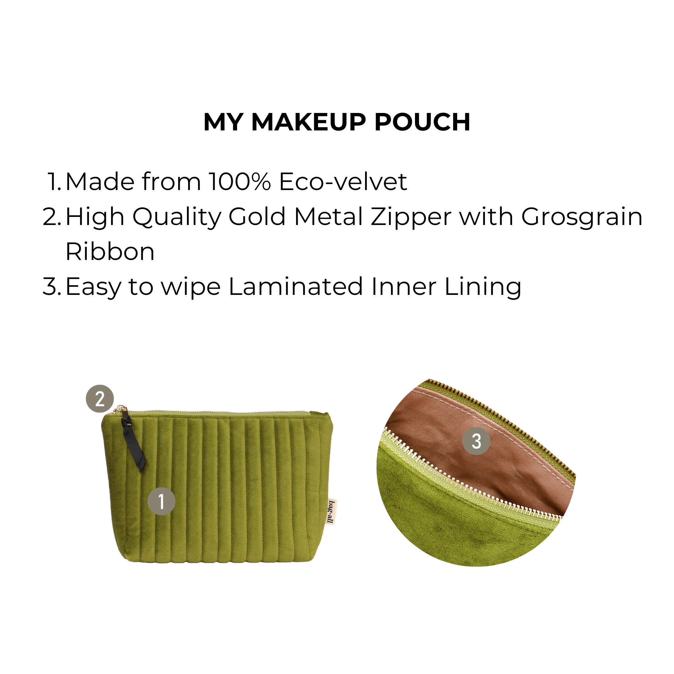My Makeup Pouch, Coated Lining, Quilted Green Velvet