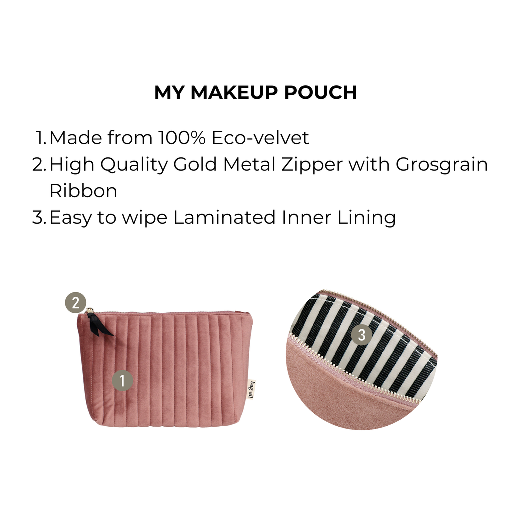 My Makeup Pouch, Coated Lining, Quilted Pink Velvet