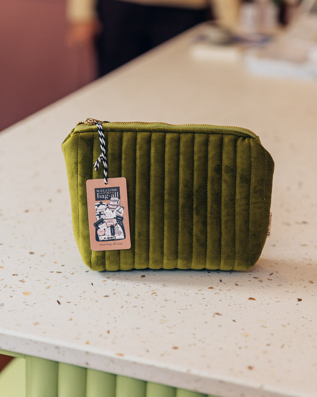 My Makeup Pouch, Coated Lining, Quilted Green Velvet