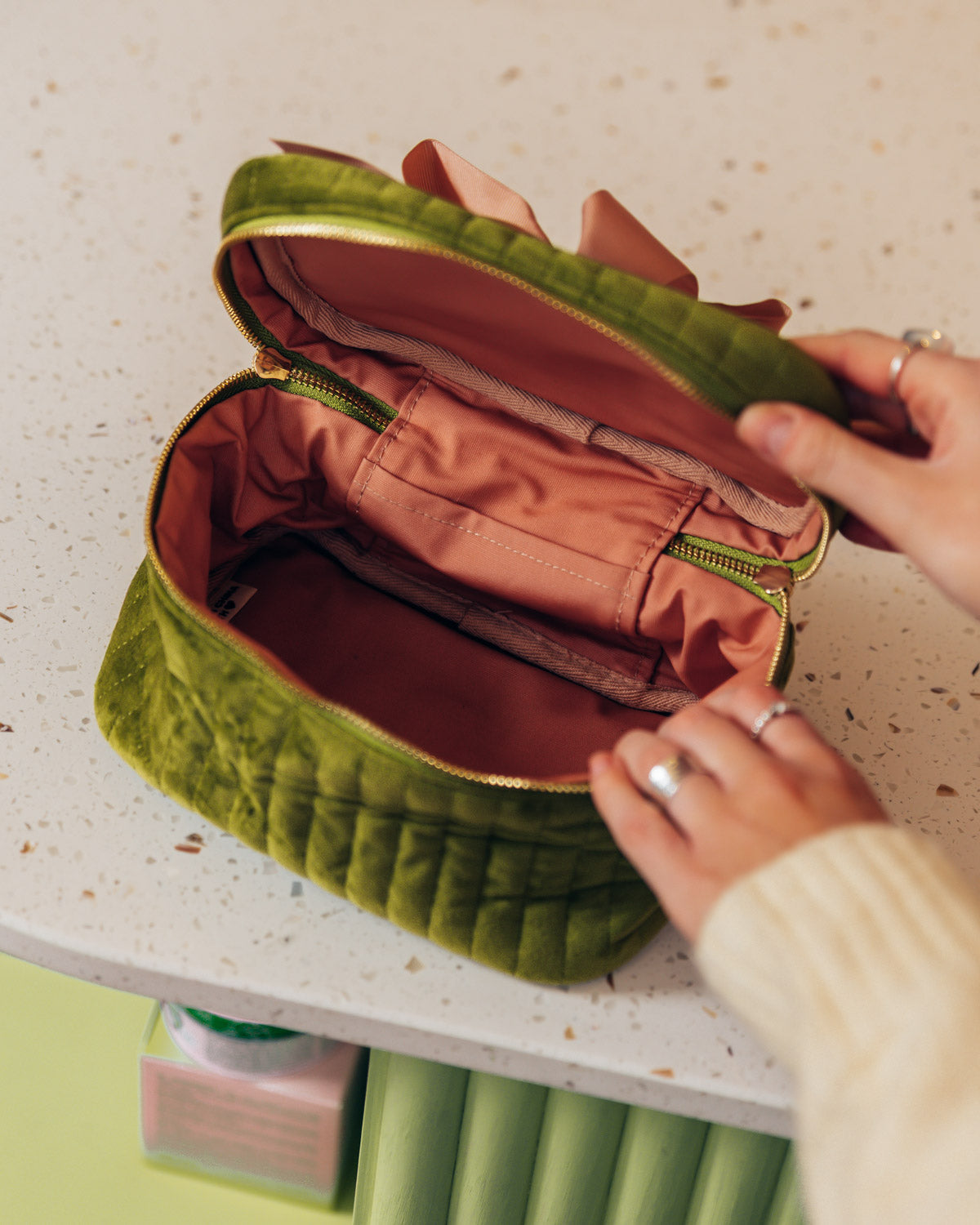 My Makeup Cosmetic Box, Quilted Green Velvet