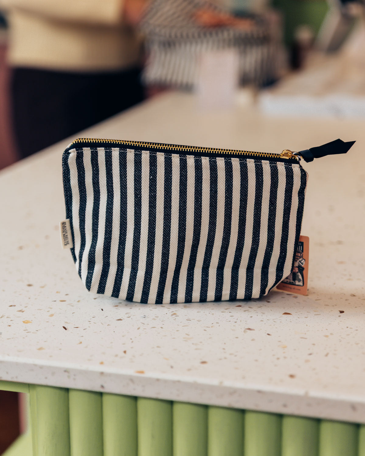 Striped Makeup Pouch, Coated Pink Lining