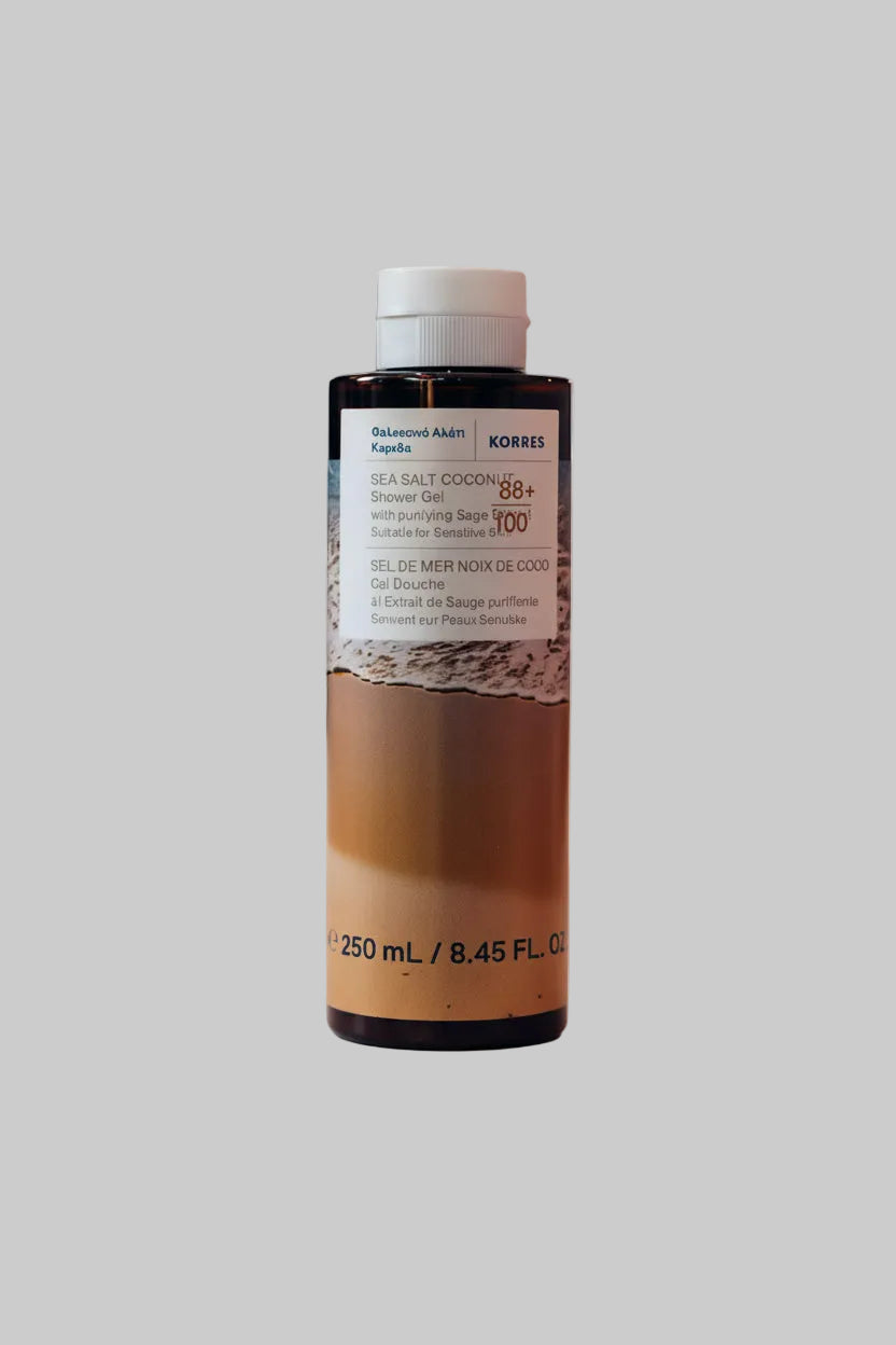 Bottle of Korres sea salt cocoon shower gel on a white background